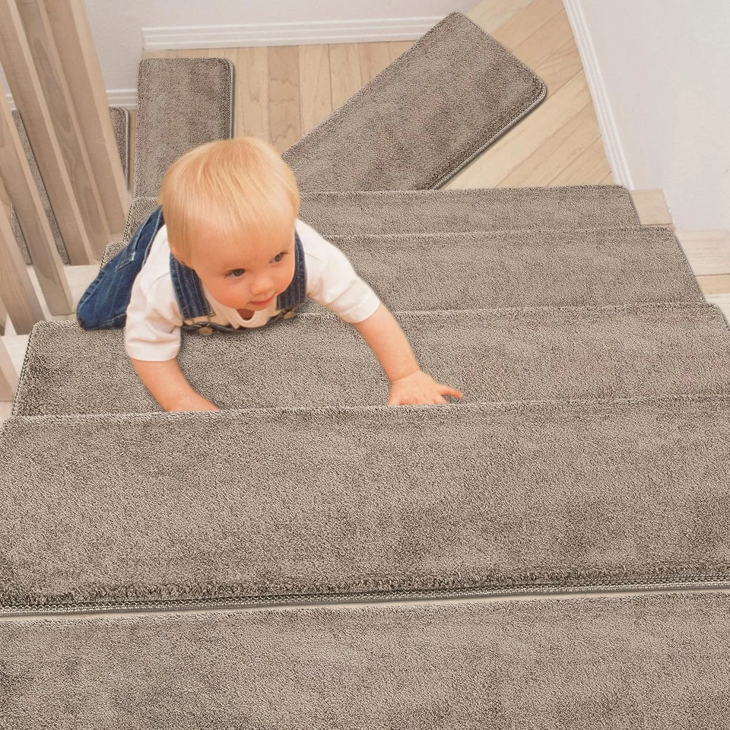 PURE ERA Carpet Stair Treads Ultra Plush 9.5" X 30"Soft Bullnose Indoor Stair Protectors Pet-Friendly Non-Slip Skid Resistant Tape Free Washable Reusable(2 Pieces,Brown)
