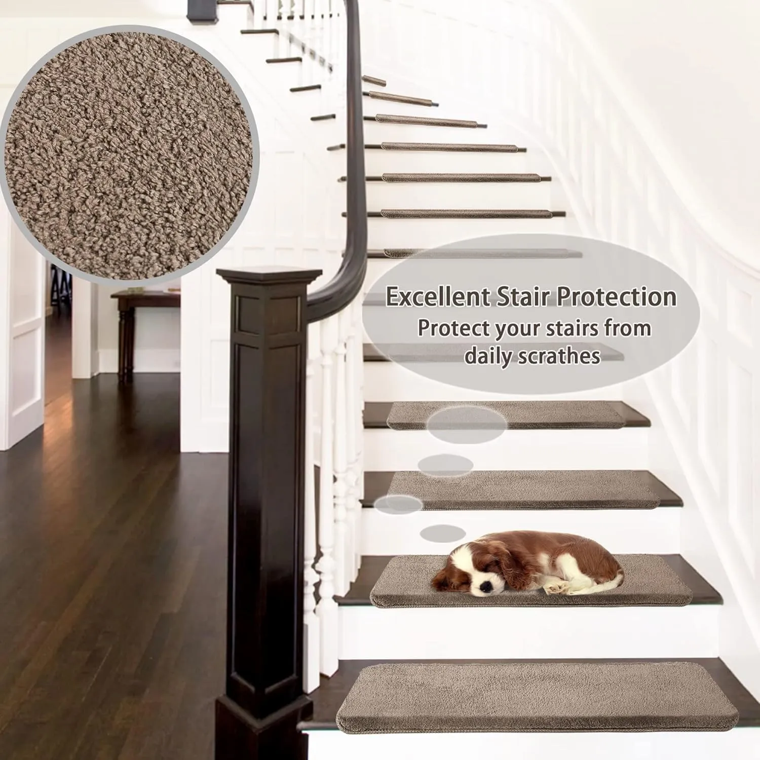 PURE ERA Carpet Stair Treads Ultra Plush 9.5" X 30"Soft Bullnose Indoor Stair Protectors Pet-Friendly Non-Slip Skid Resistant Tape Free Washable Reusable(2 Pieces,Brown)