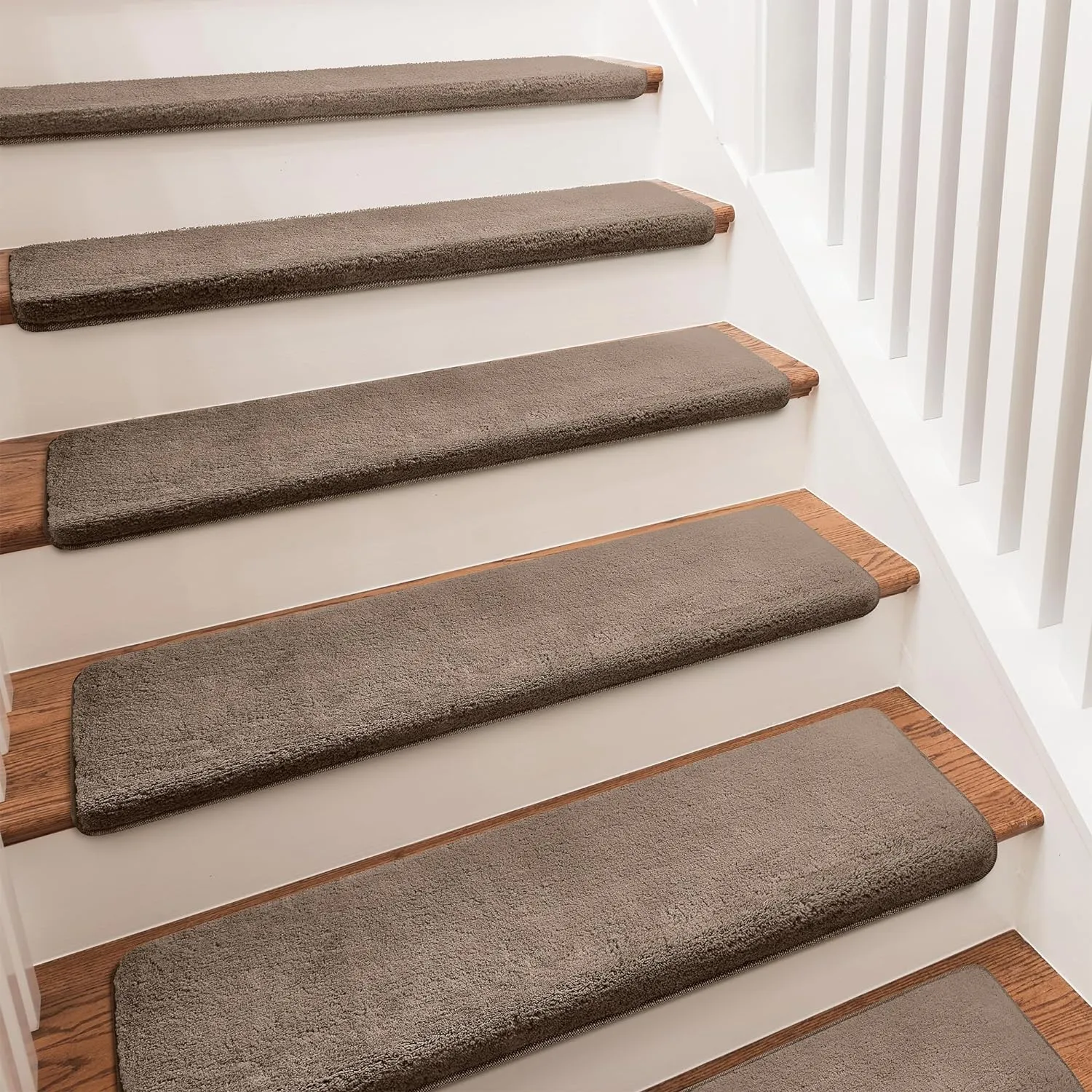 PURE ERA Carpet Stair Treads Ultra Plush 9.5" X 30"Soft Bullnose Indoor Stair Protectors Pet-Friendly Non-Slip Skid Resistant Tape Free Washable Reusable(2 Pieces,Brown)