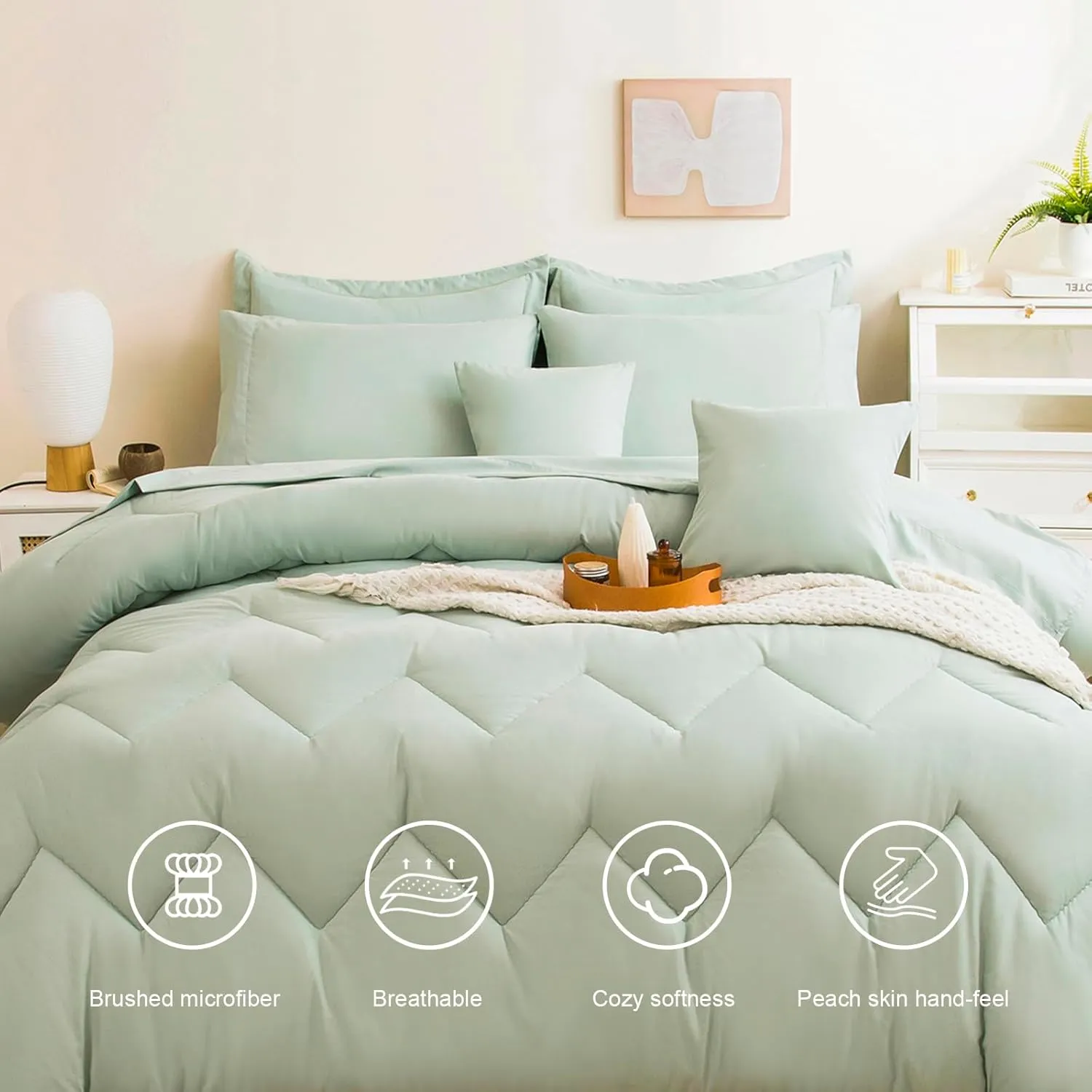 Queen Comforter Set Sage Green Bed in a Bag 9-Pieces,Water Wave Quilting Design Comforter Sets with Comforter, Flat Sheet, Fitted Sheet,Cushion Cover,Pillowcases & Shams (Sage Green, Queen)