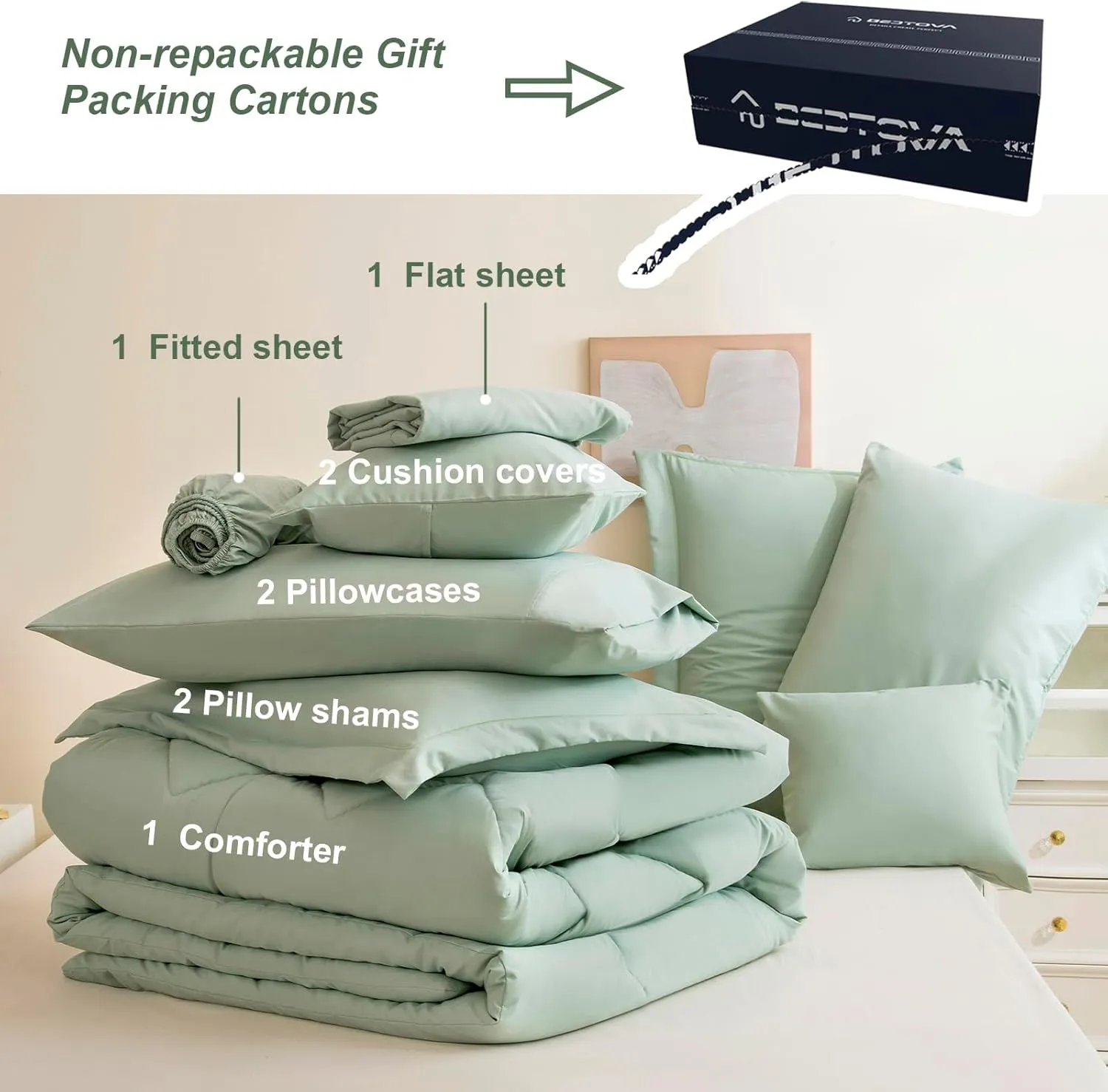 Queen Comforter Set Sage Green Bed in a Bag 9-Pieces,Water Wave Quilting Design Comforter Sets with Comforter, Flat Sheet, Fitted Sheet,Cushion Cover,Pillowcases & Shams (Sage Green, Queen)