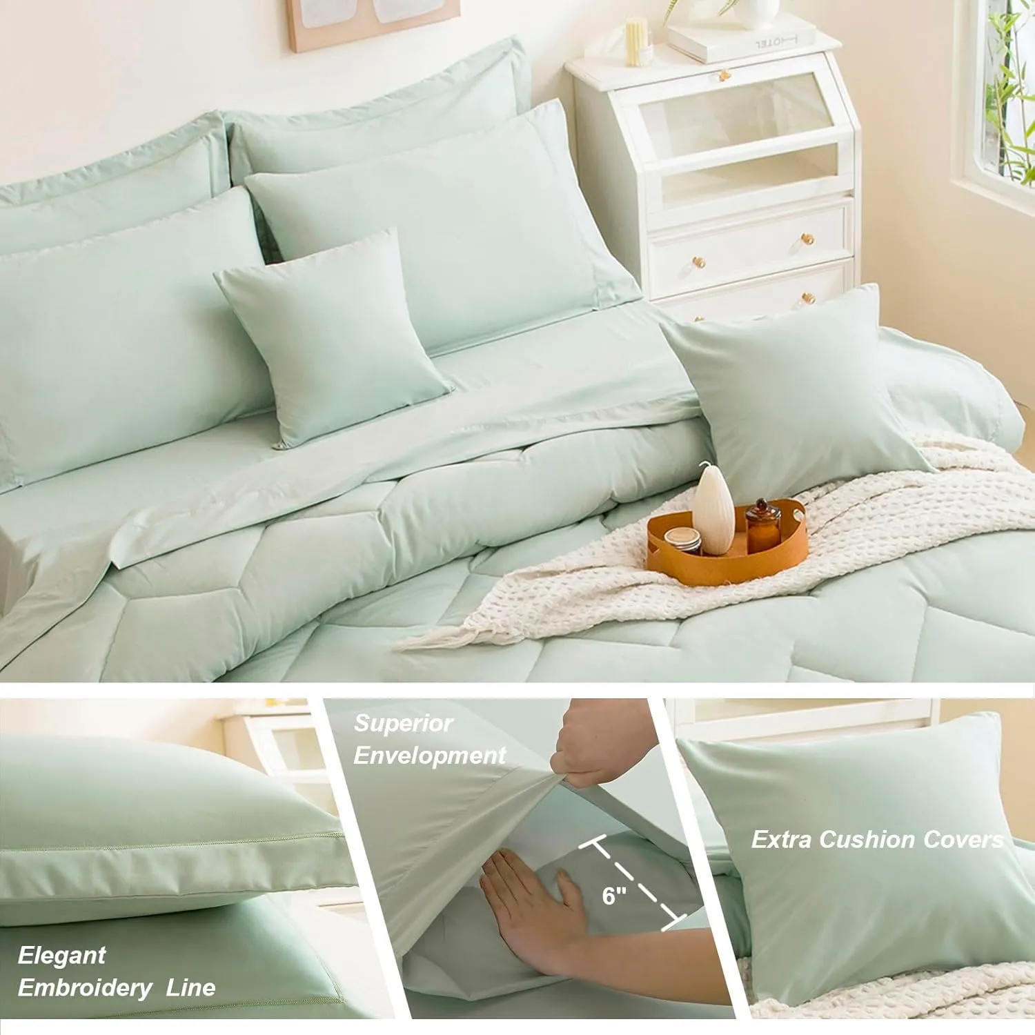 Queen Comforter Set Sage Green Bed in a Bag 9-Pieces,Water Wave Quilting Design Comforter Sets with Comforter, Flat Sheet, Fitted Sheet,Cushion Cover,Pillowcases & Shams (Sage Green, Queen)