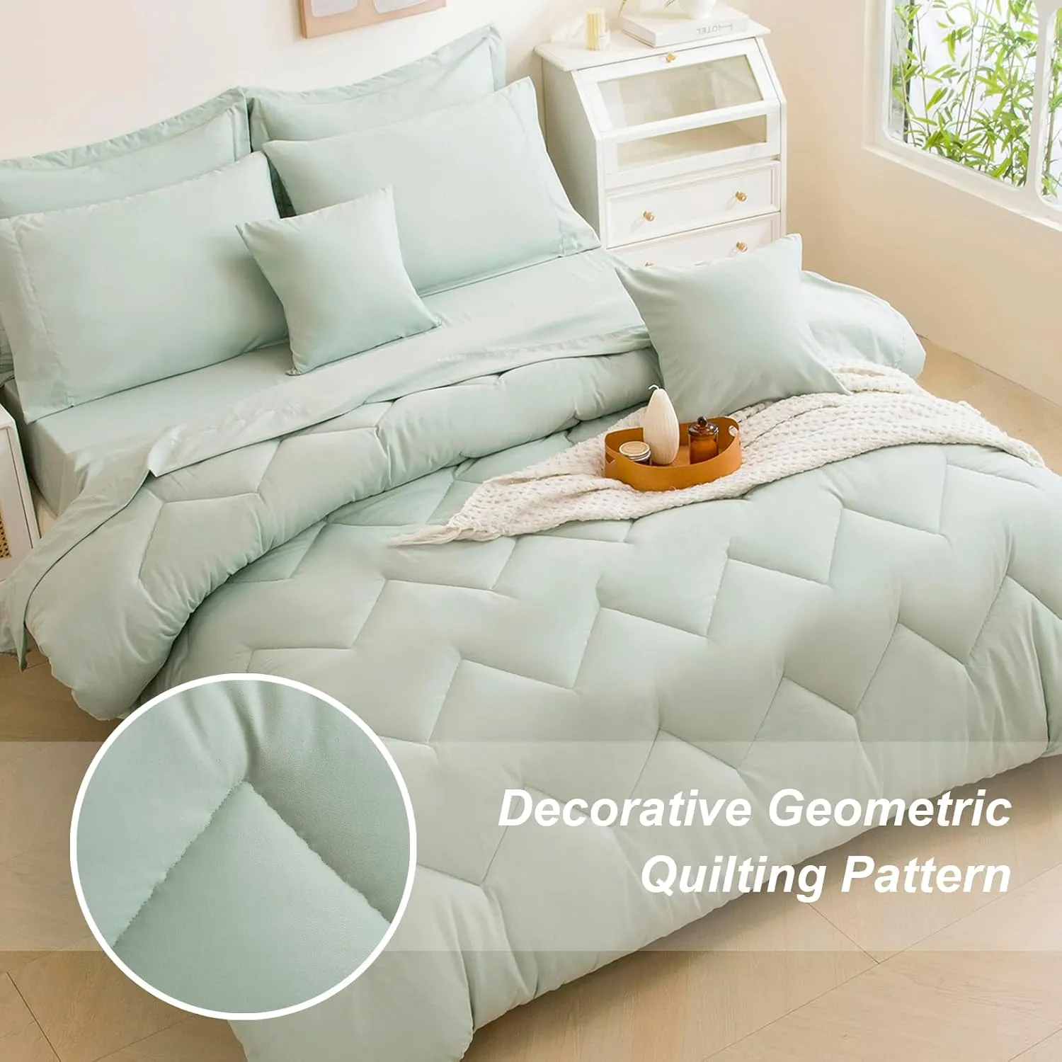 Queen Comforter Set Sage Green Bed in a Bag 9-Pieces,Water Wave Quilting Design Comforter Sets with Comforter, Flat Sheet, Fitted Sheet,Cushion Cover,Pillowcases & Shams (Sage Green, Queen)