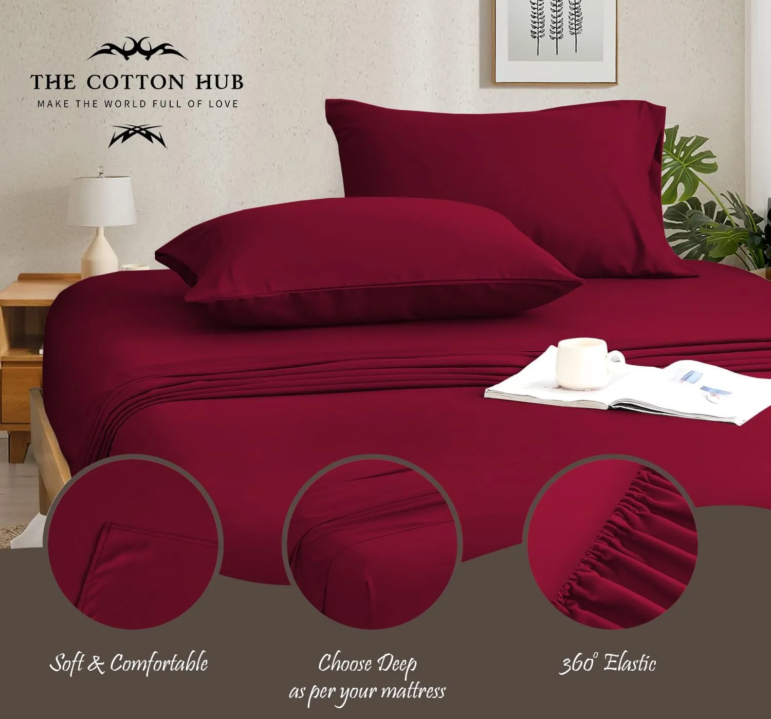 Queen Size 6-Piece Sheet Set 600 Thread Count Peruvian Pima Cotton Bed Sheets fits up to 18-21 inch Deep Pocket (Solid, Burgundy)