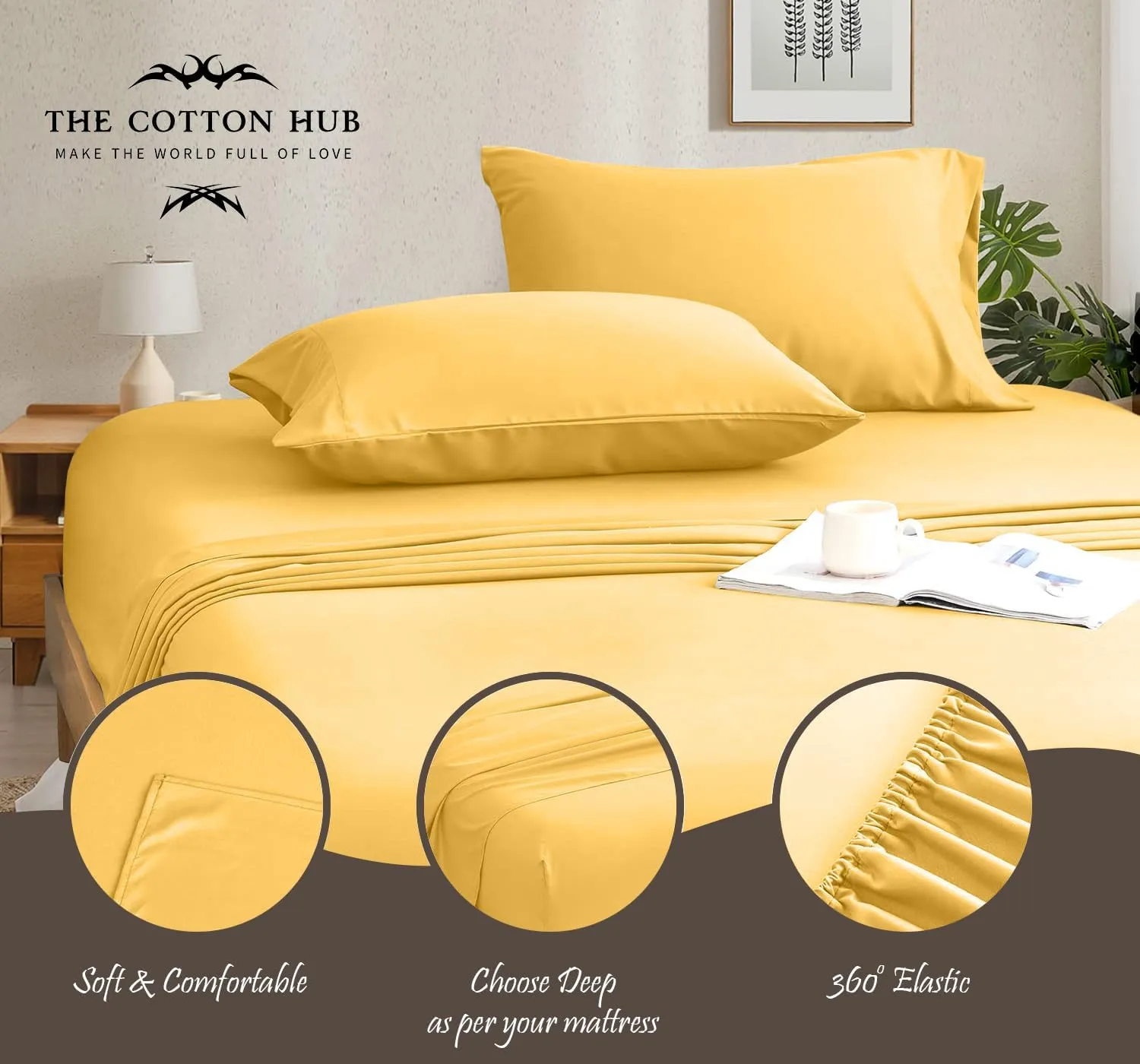 Queen Size 6-Piece Sheet Set 600 Thread Count Peruvian Pima Cotton Bed Sheets fits up to 18-21 inch Deep Pocket (Solid, Gold)