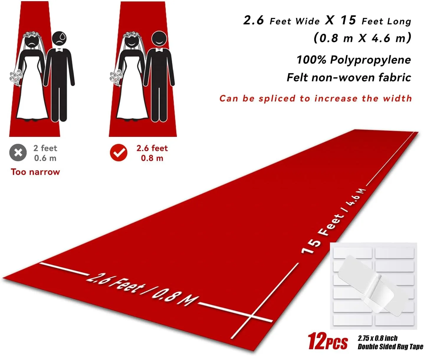 Red Carpet Runner for Party, 2.6X15 ft, 130 GSM Felt Non-Woven Fabric, Hollywood Red Carpet for Event, Aisle Runner for Wedding Ceremony, Movie Theme Party Decorations, Red Runway Rug for Prom