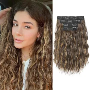 REECHO Clip in Hair Extensions, 4PCS 14" Short Wavy Hair Extensions Invisible Lace Weft Natural Soft Hairpieces for Women Chocolate Brown with Highlights