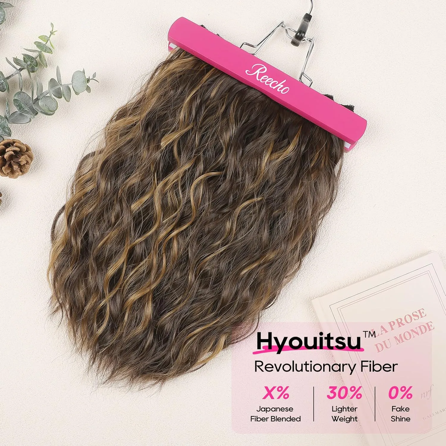 REECHO Clip in Hair Extensions, 4PCS 14" Short Wavy Hair Extensions Invisible Lace Weft Natural Soft Hairpieces for Women Chocolate Brown with Highlights
