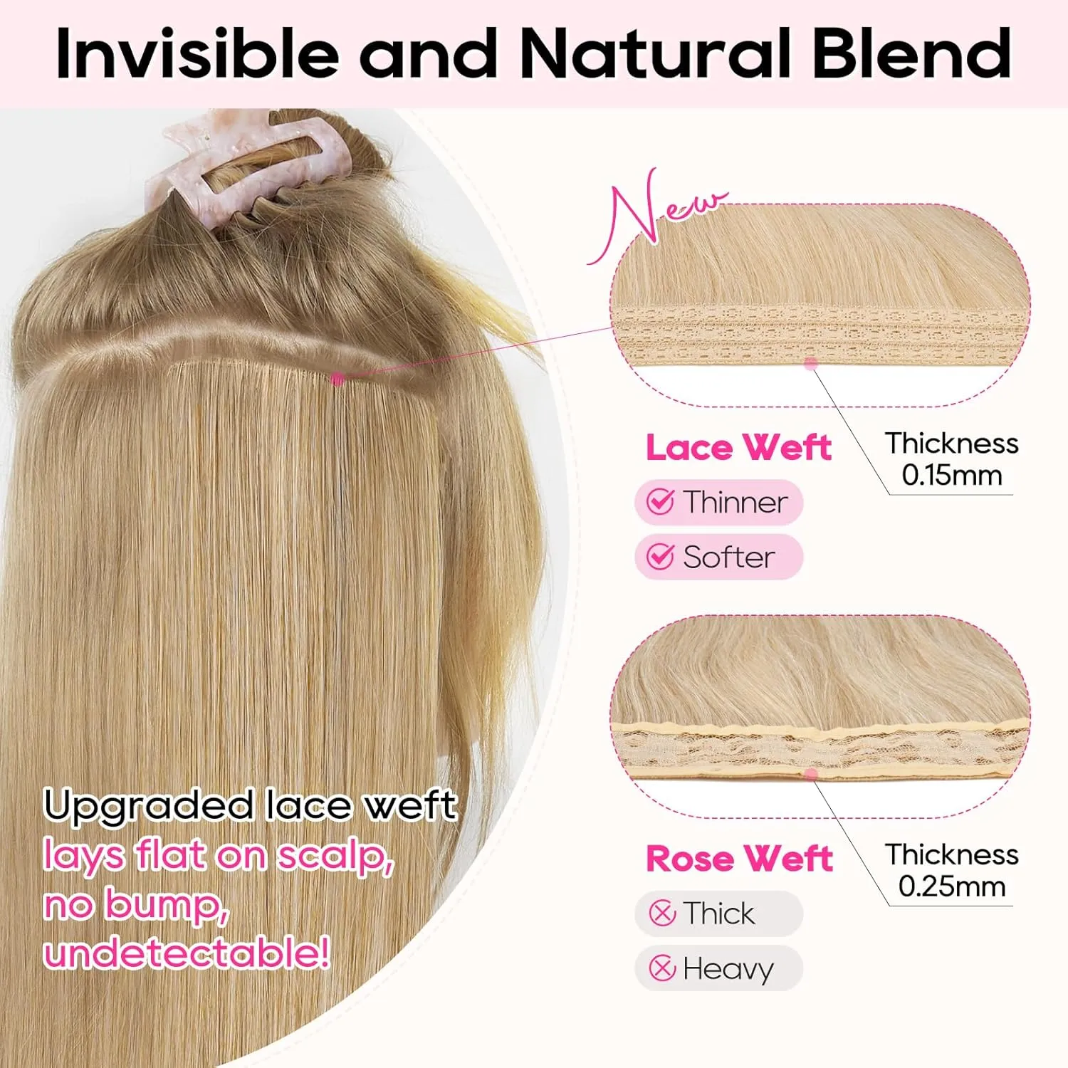 REECHO Clip in Hair Extensions, 4PCS 14" Short Wavy Hair Extensions Invisible Lace Weft Natural Soft Hairpieces for Women Chocolate Brown with Highlights