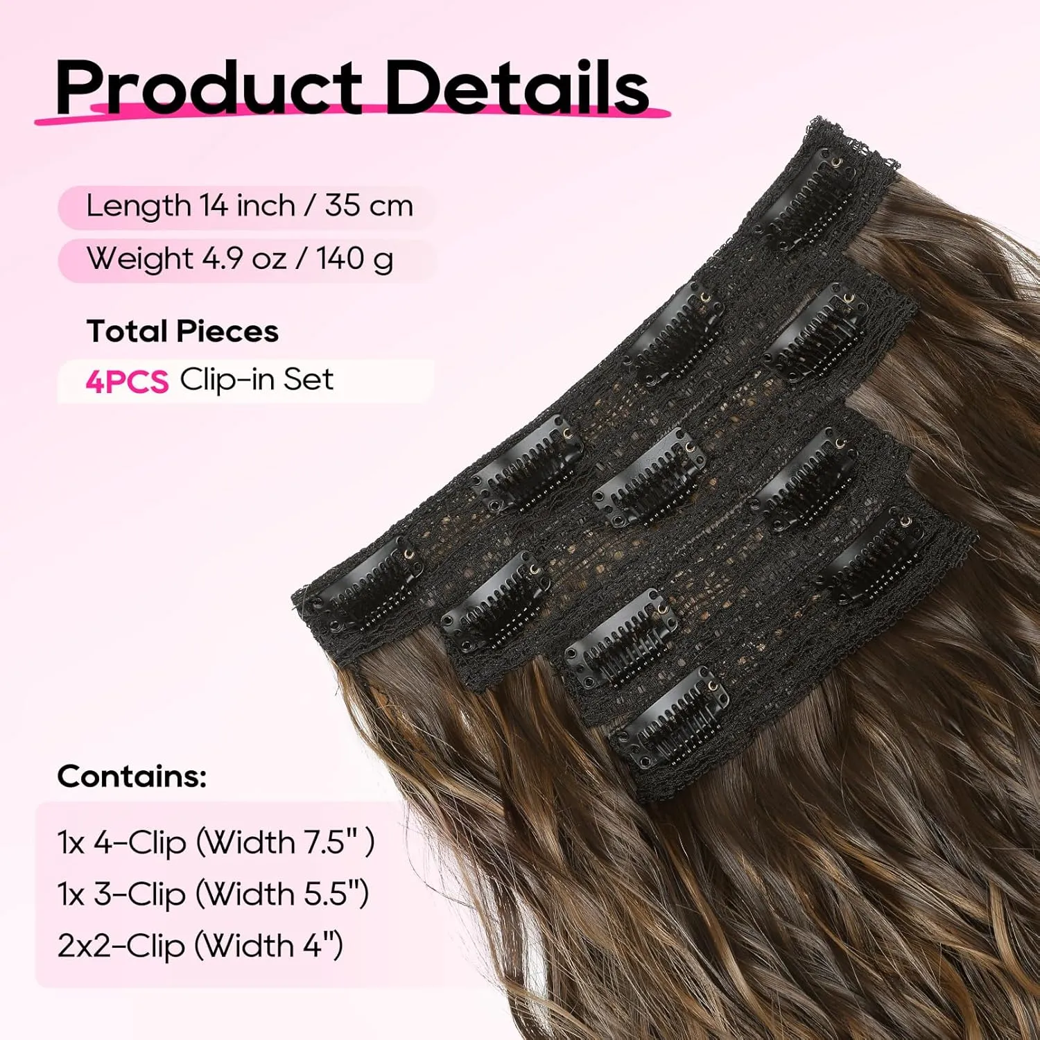 REECHO Clip in Hair Extensions, 4PCS 14" Short Wavy Hair Extensions Invisible Lace Weft Natural Soft Hairpieces for Women Chocolate Brown with Highlights