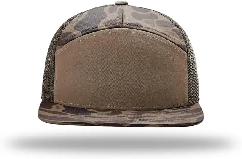 Richardson 168 Hi-Pro 7 Panel Flat Bill Adjustable Snapback Trucker Mesh Back Cap | OSFM | Bulk Pack Available