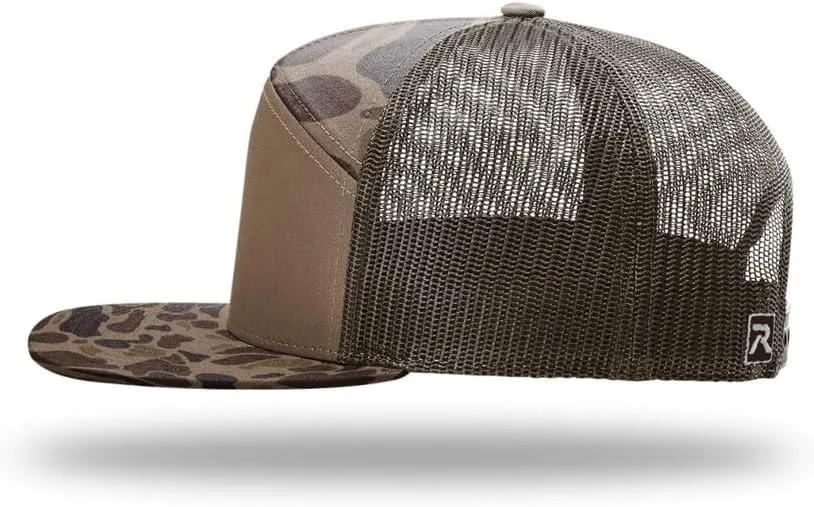 Richardson 168 Hi-Pro 7 Panel Flat Bill Adjustable Snapback Trucker Mesh Back Cap | OSFM | Bulk Pack Available