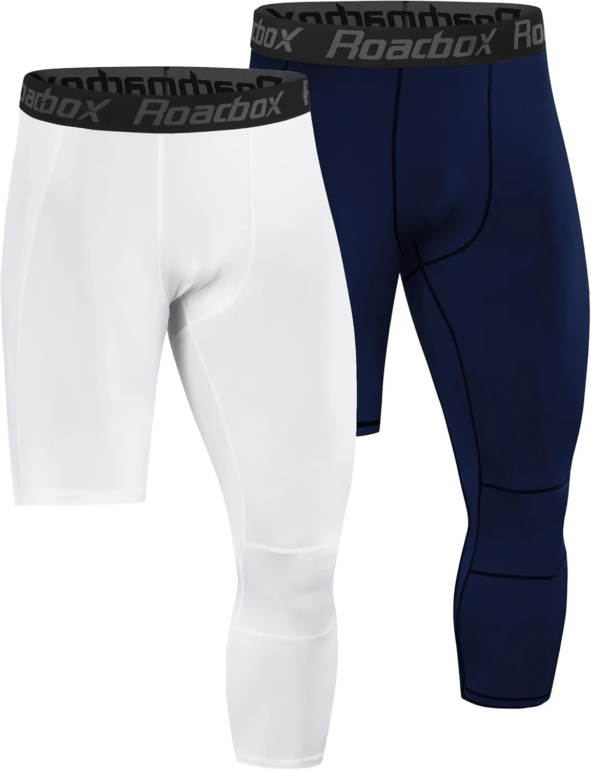 Roadbox Men's One Leg Compression Pants Tights, 1 or 2 Pack 3/4 Basketball Leggings, Capri Athletic Sports Base Layer
