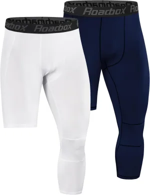 Roadbox Men's One Leg Compression Pants Tights, 1 or 2 Pack 3/4 Basketball Leggings, Capri Athletic Sports Base Layer