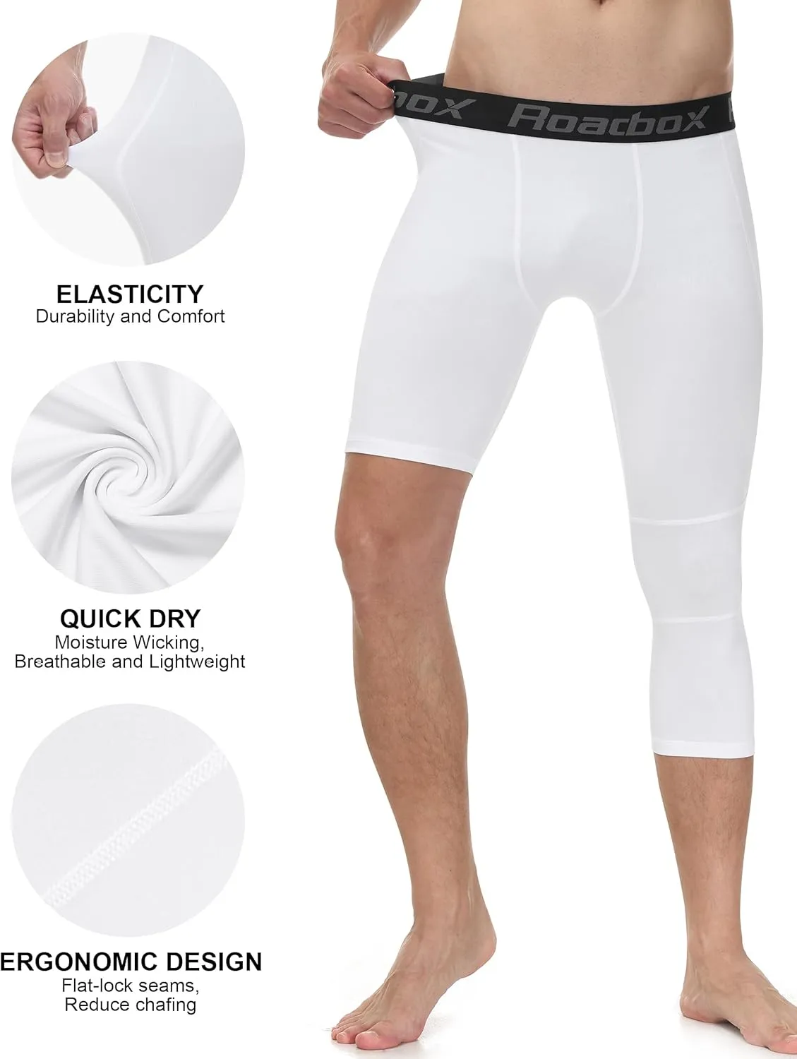 Roadbox Men's One Leg Compression Pants Tights, 1 or 2 Pack 3/4 Basketball Leggings, Capri Athletic Sports Base Layer
