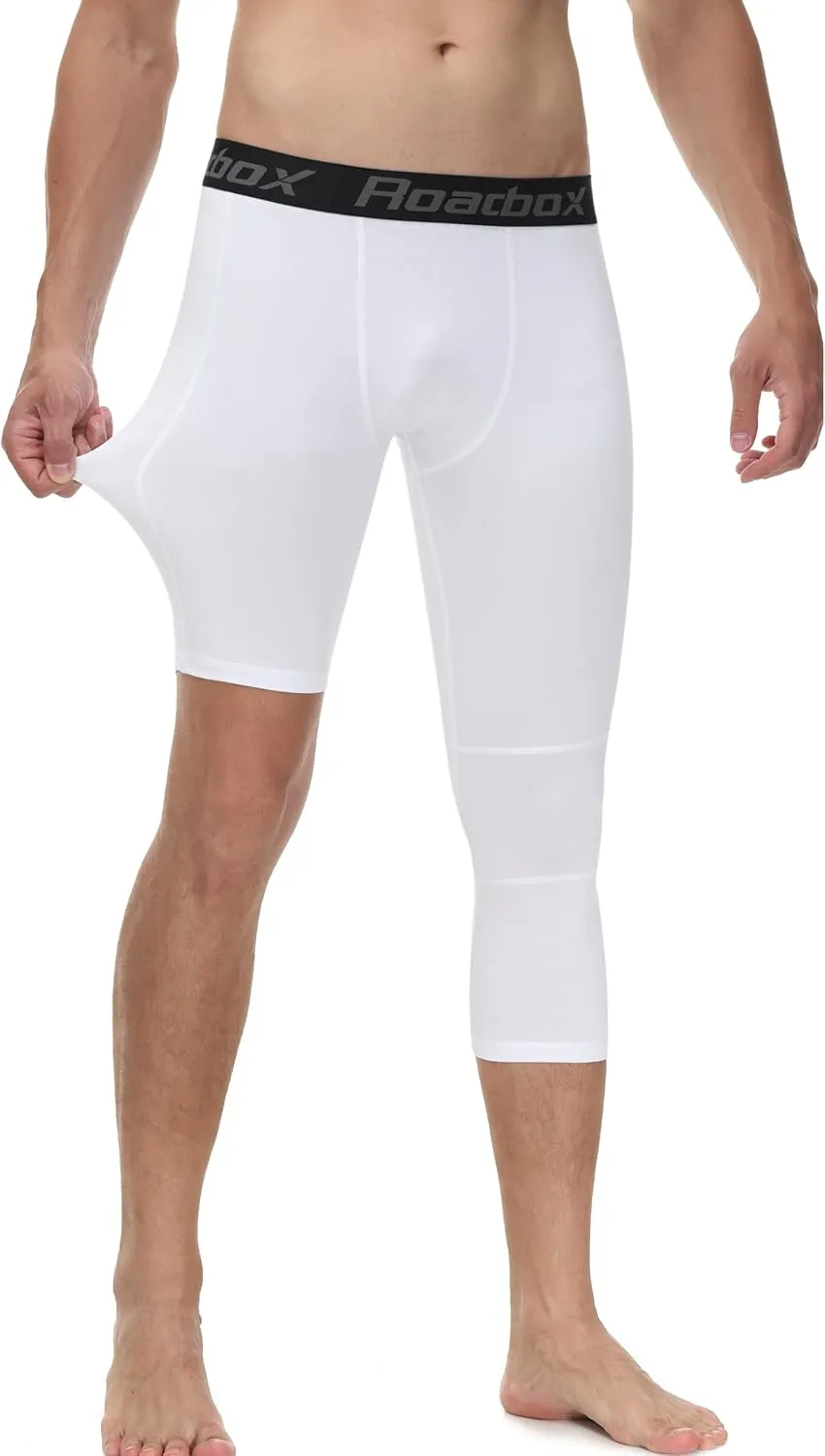 Roadbox Men's One Leg Compression Pants Tights, 1 or 2 Pack 3/4 Basketball Leggings, Capri Athletic Sports Base Layer