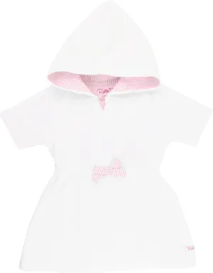 RuffleButts® Girls White w/Pink Seersucker Terry Hoodie Swimsuit Cover-Up - 4T