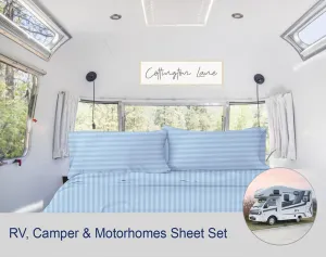 RV Sheets 100% Egyptian Cotton - RV King 72" x 75" Premium Quality 4 Piece Sheets for Campers - High Thread Count Baby Blue Stripe with 6-10" Deep Pocket