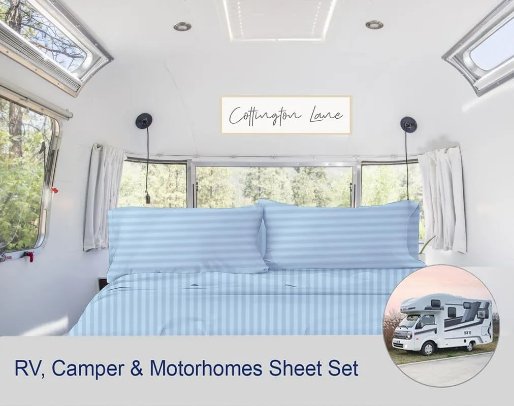 RV Sheets 100% Egyptian Cotton - RV King 72" x 75" Premium Quality 4 Piece Sheets for Campers - High Thread Count Baby Blue Stripe with 6-10" Deep Pocket