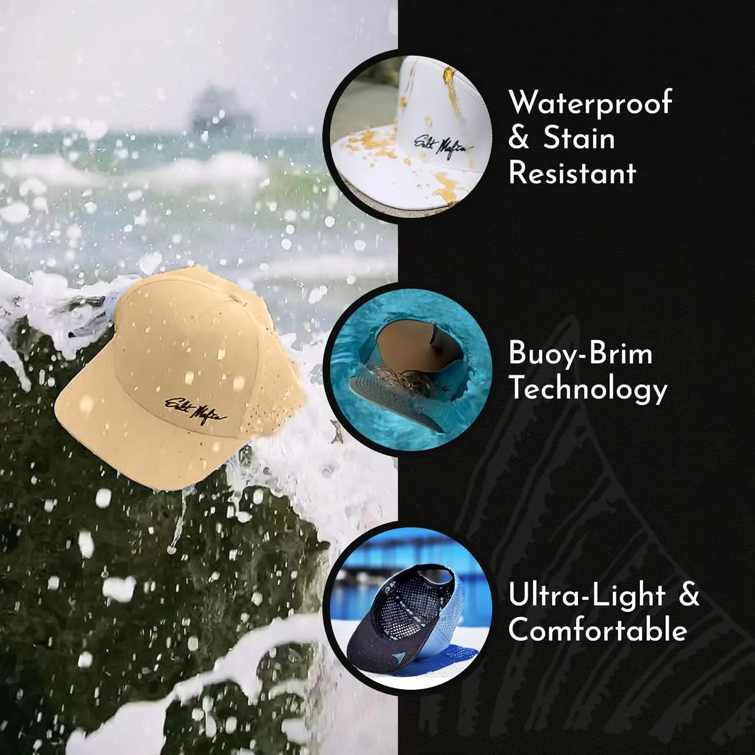 Salt Mafia Hats for Men - Waterproof Hats for Men, 7 Panel Flat Brim Surfer Hat