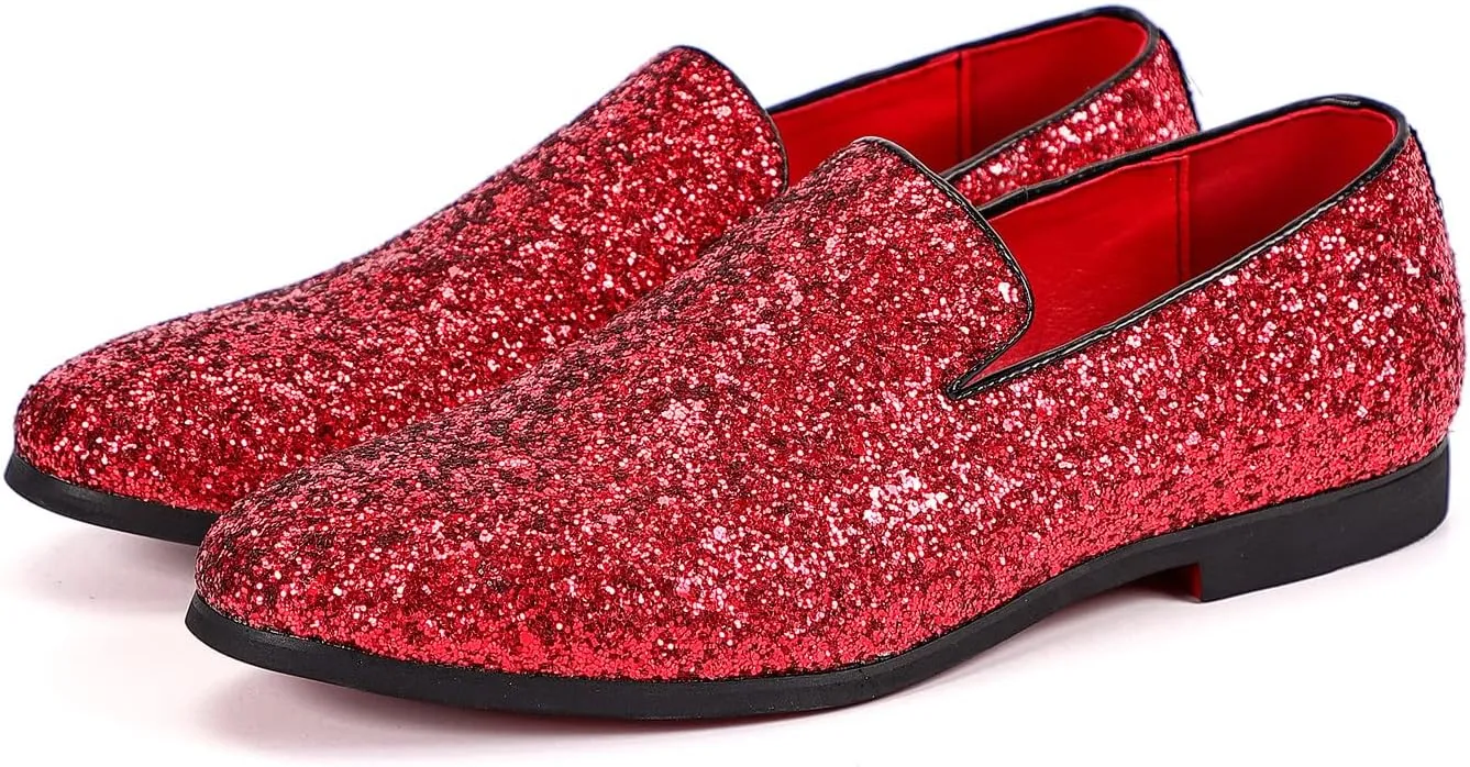 Santimon Mens Glitter Loafers Slip-On Dress Shoes – Sparkly Tuxedo & Suit Shoes for Weddings, Parties, and Formal Events