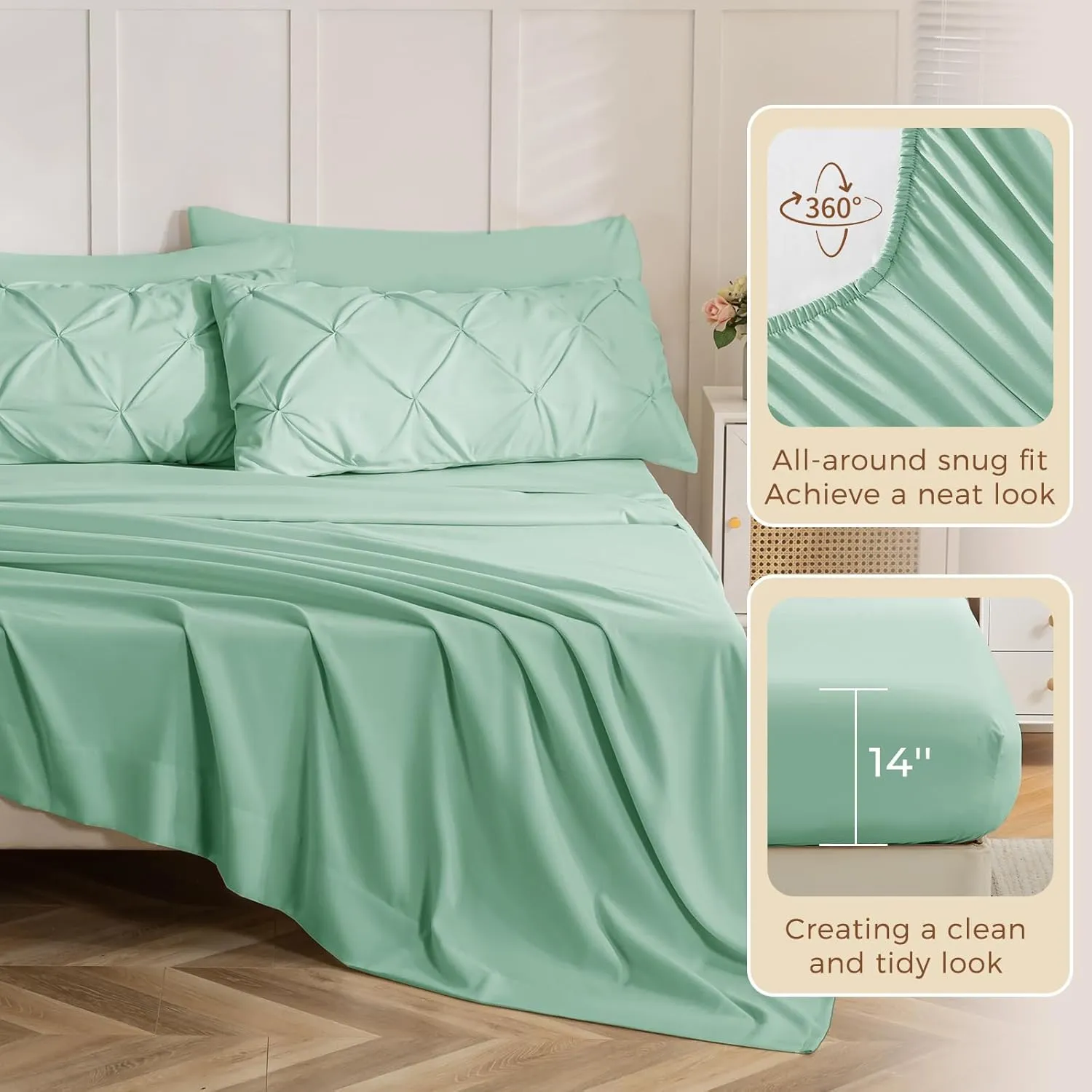 Sasttie Queen Comforter Set, 7-Piece Bed in a Bag, Pintuck Bedding Set for All Season, Includes Comforter, Flat Sheet, Fitted Sheet, Pillowcases and Pillowshams, Sage