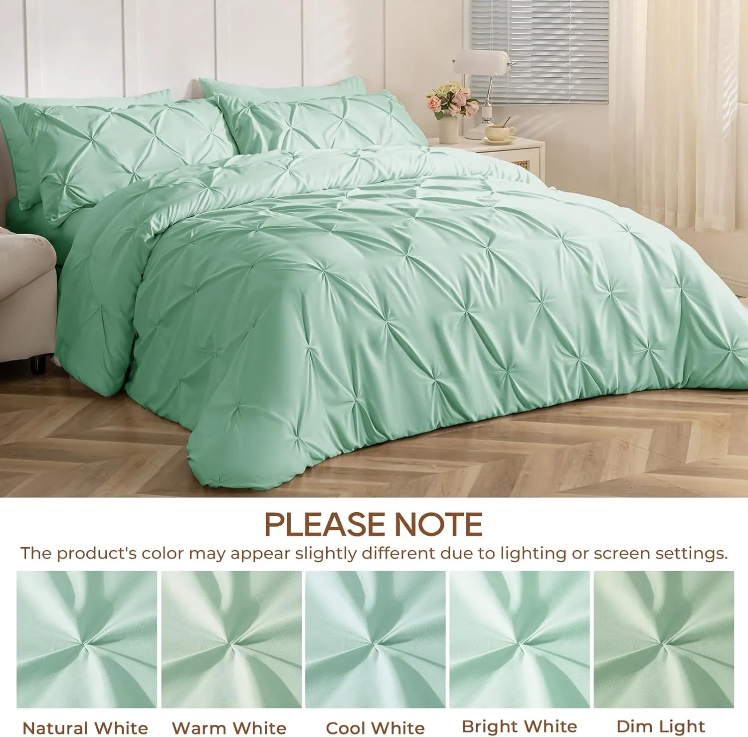 Sasttie Queen Comforter Set, 7-Piece Bed in a Bag, Pintuck Bedding Set for All Season, Includes Comforter, Flat Sheet, Fitted Sheet, Pillowcases and Pillowshams, Sage