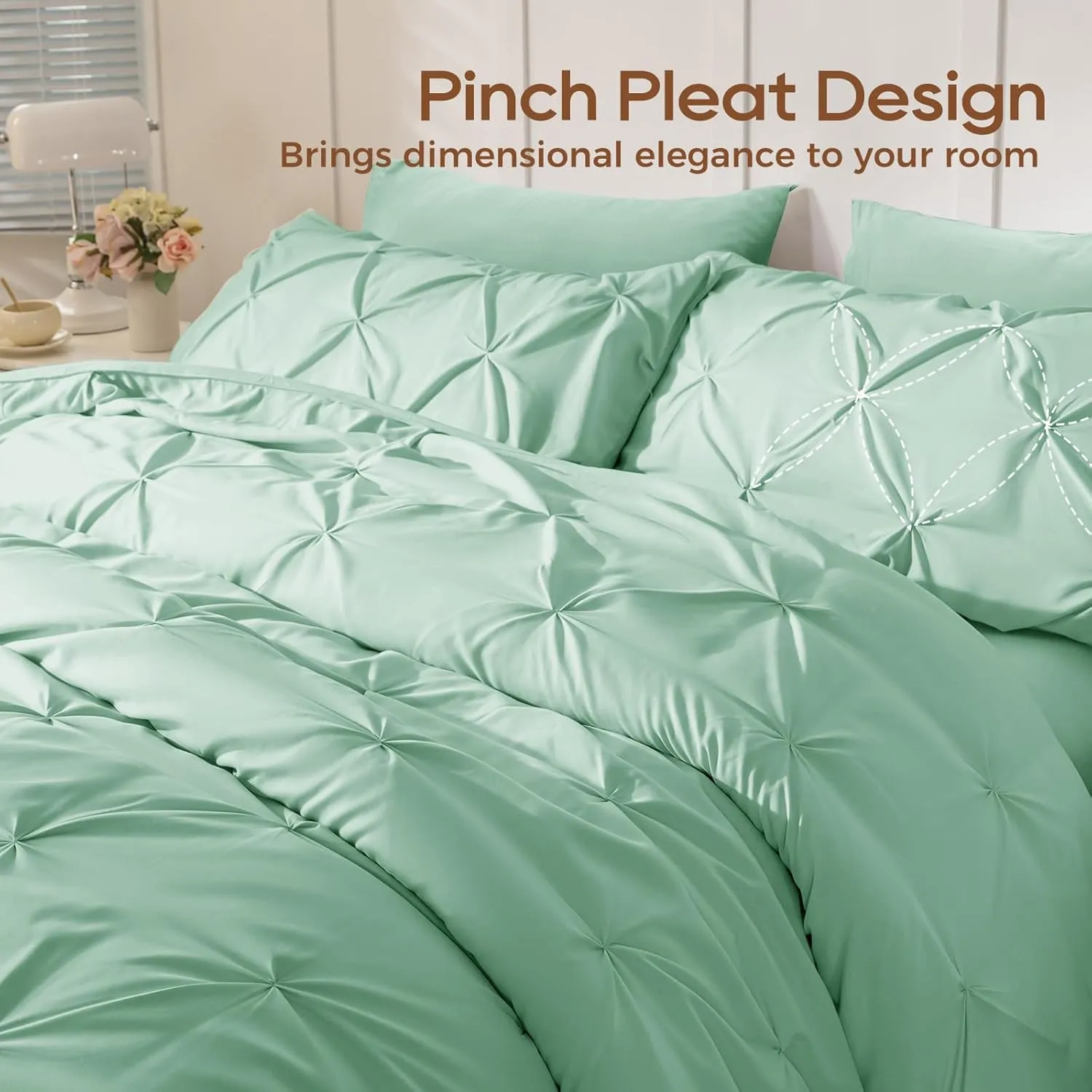 Sasttie Queen Comforter Set, 7-Piece Bed in a Bag, Pintuck Bedding Set for All Season, Includes Comforter, Flat Sheet, Fitted Sheet, Pillowcases and Pillowshams, Sage