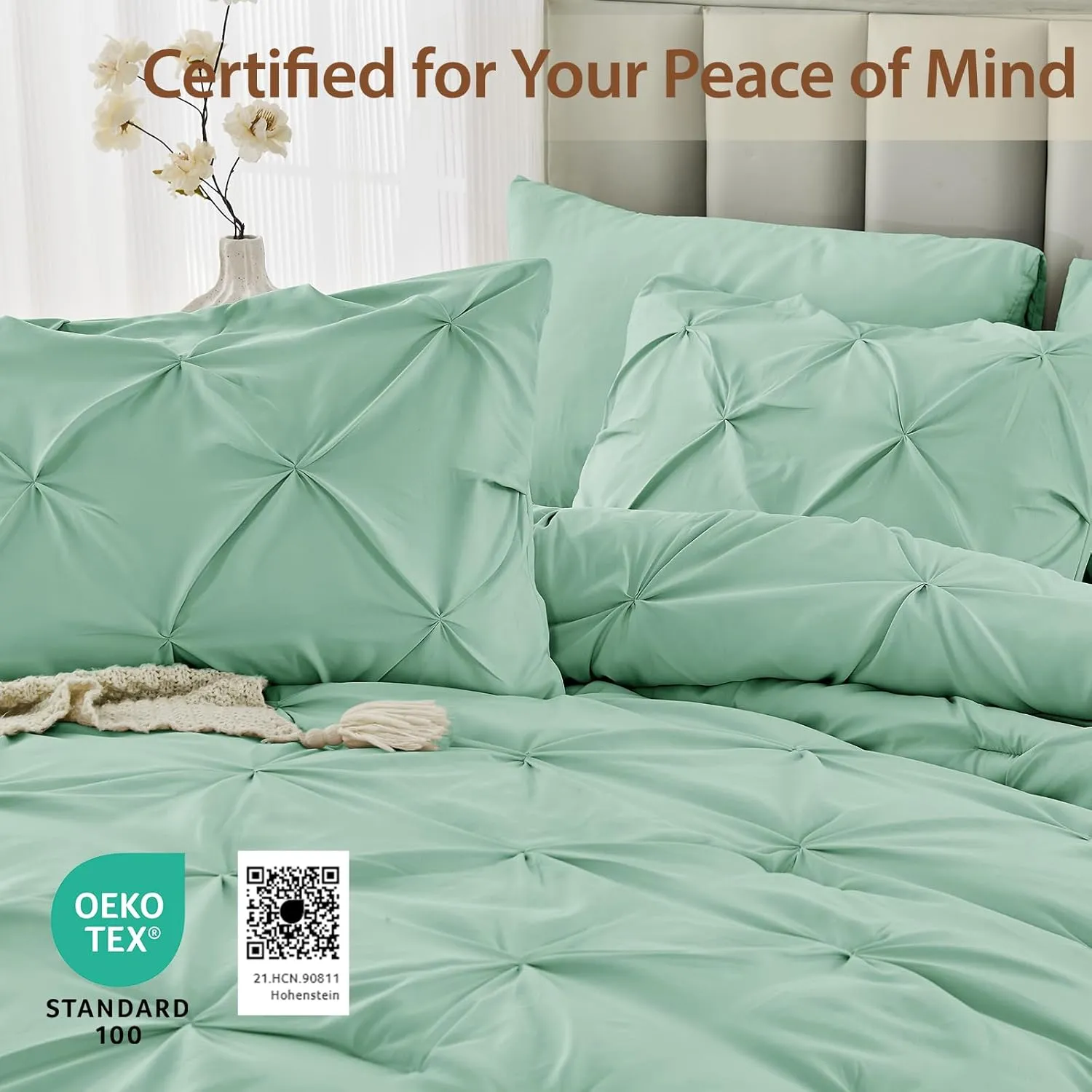 Sasttie Queen Comforter Set, 7-Piece Bed in a Bag, Pintuck Bedding Set for All Season, Includes Comforter, Flat Sheet, Fitted Sheet, Pillowcases and Pillowshams, Sage