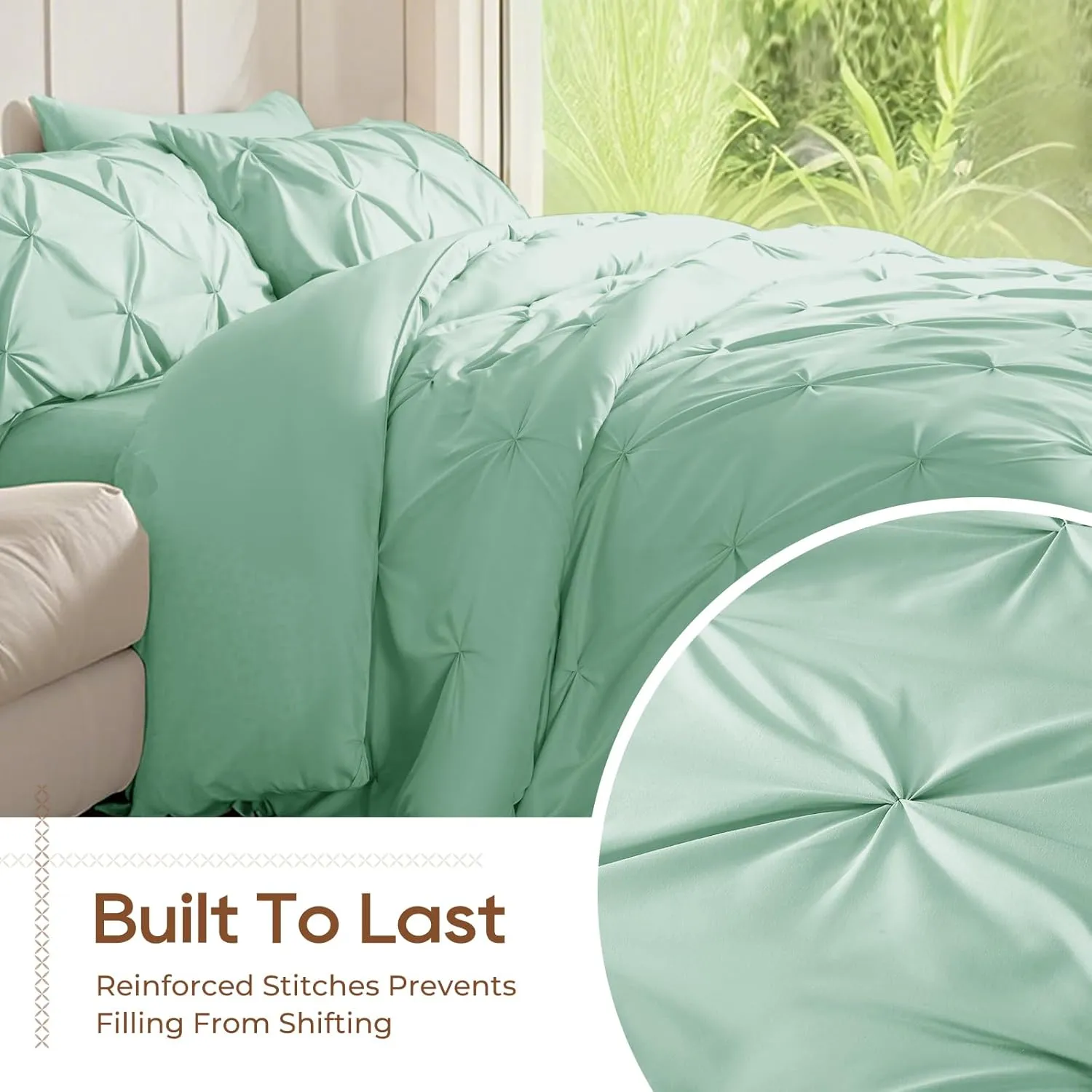 Sasttie Queen Comforter Set, 7-Piece Bed in a Bag, Pintuck Bedding Set for All Season, Includes Comforter, Flat Sheet, Fitted Sheet, Pillowcases and Pillowshams, Sage