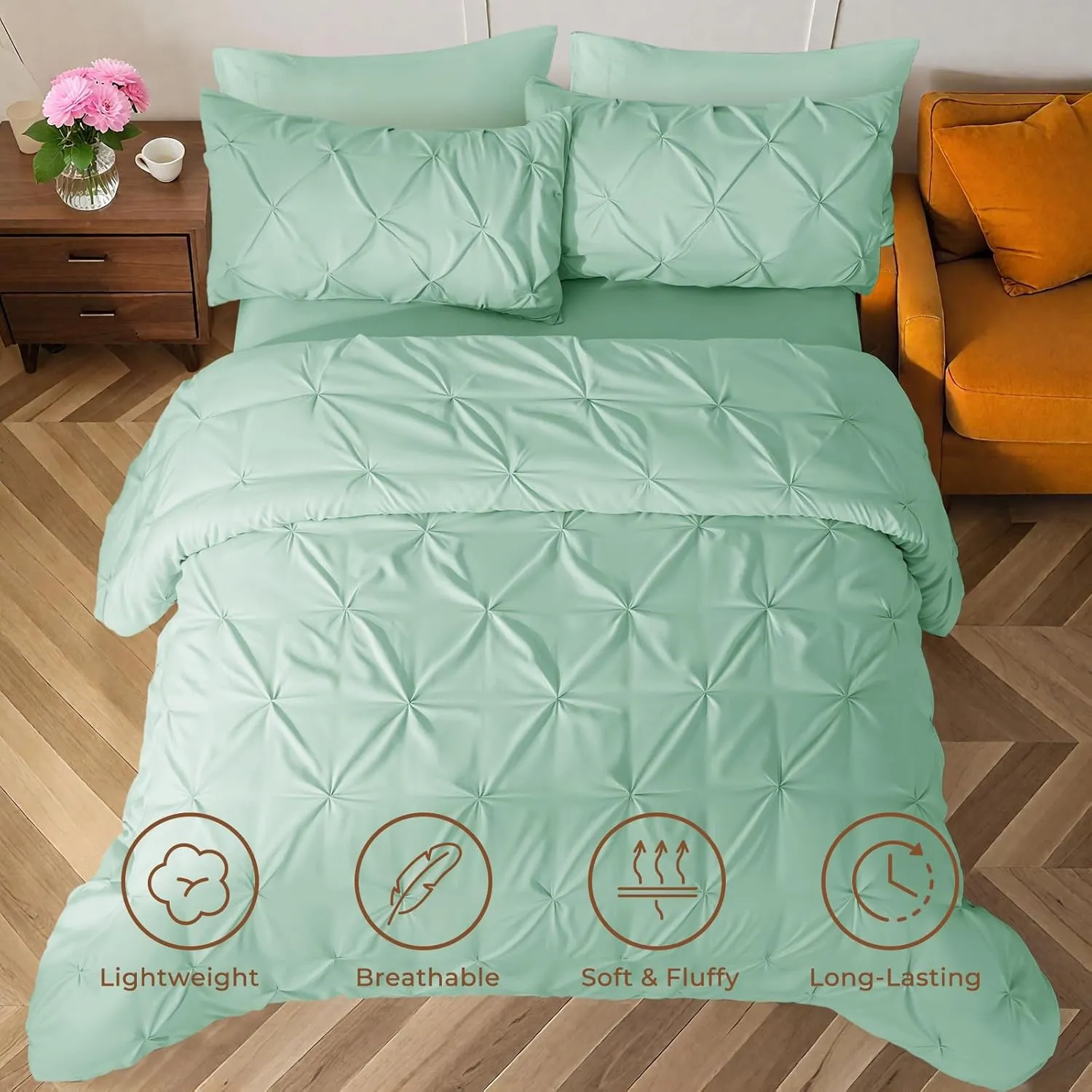 Sasttie Queen Comforter Set, 7-Piece Bed in a Bag, Pintuck Bedding Set for All Season, Includes Comforter, Flat Sheet, Fitted Sheet, Pillowcases and Pillowshams, Sage