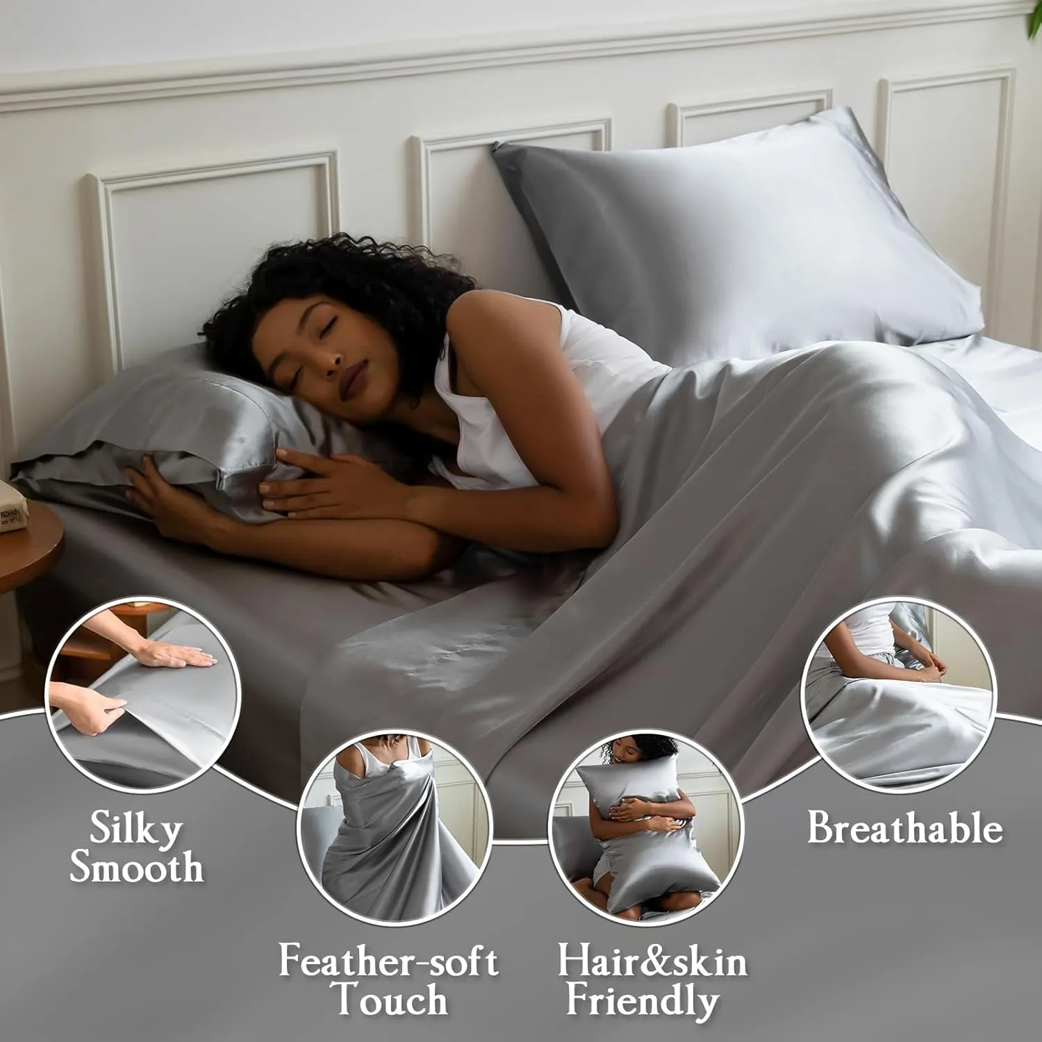 Satin Sheets Set,Soft Satin Bed Sheets King Size Set,4Pcs Luxury Silky Bedding Set with 15 Inches Deep Pocket for Mattress(King, Silver Grey)