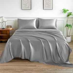 Satin Sheets Set,Soft Satin Bed Sheets King Size Set,4Pcs Luxury Silky Bedding Set with 15 Inches Deep Pocket for Mattress(King, Silver Grey)