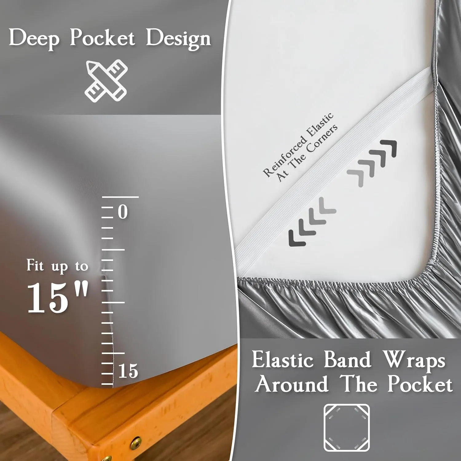 Satin Sheets Set,Soft Satin Bed Sheets King Size Set,4Pcs Luxury Silky Bedding Set with 15 Inches Deep Pocket for Mattress(King, Silver Grey)