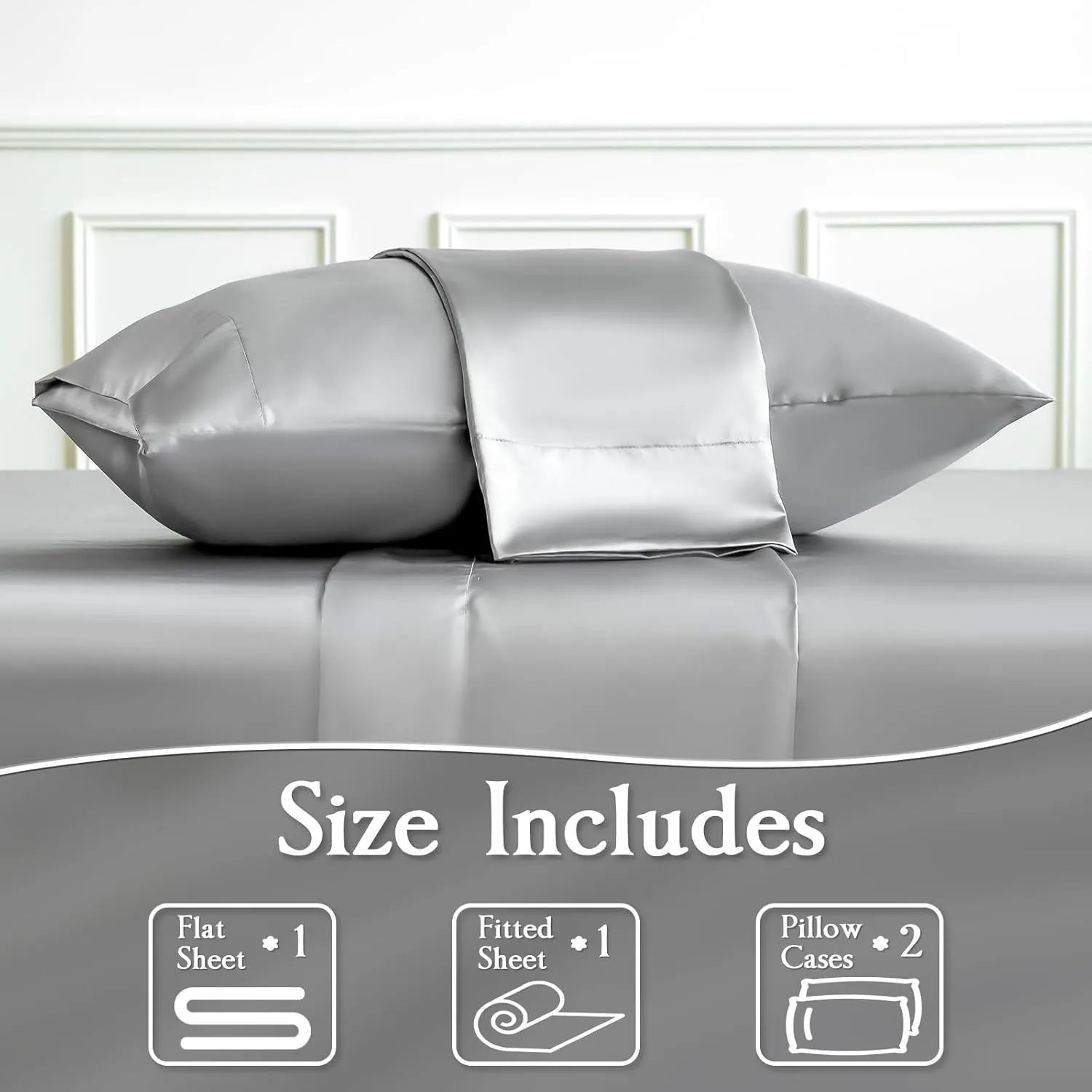Satin Sheets Set,Soft Satin Bed Sheets King Size Set,4Pcs Luxury Silky Bedding Set with 15 Inches Deep Pocket for Mattress(King, Silver Grey)