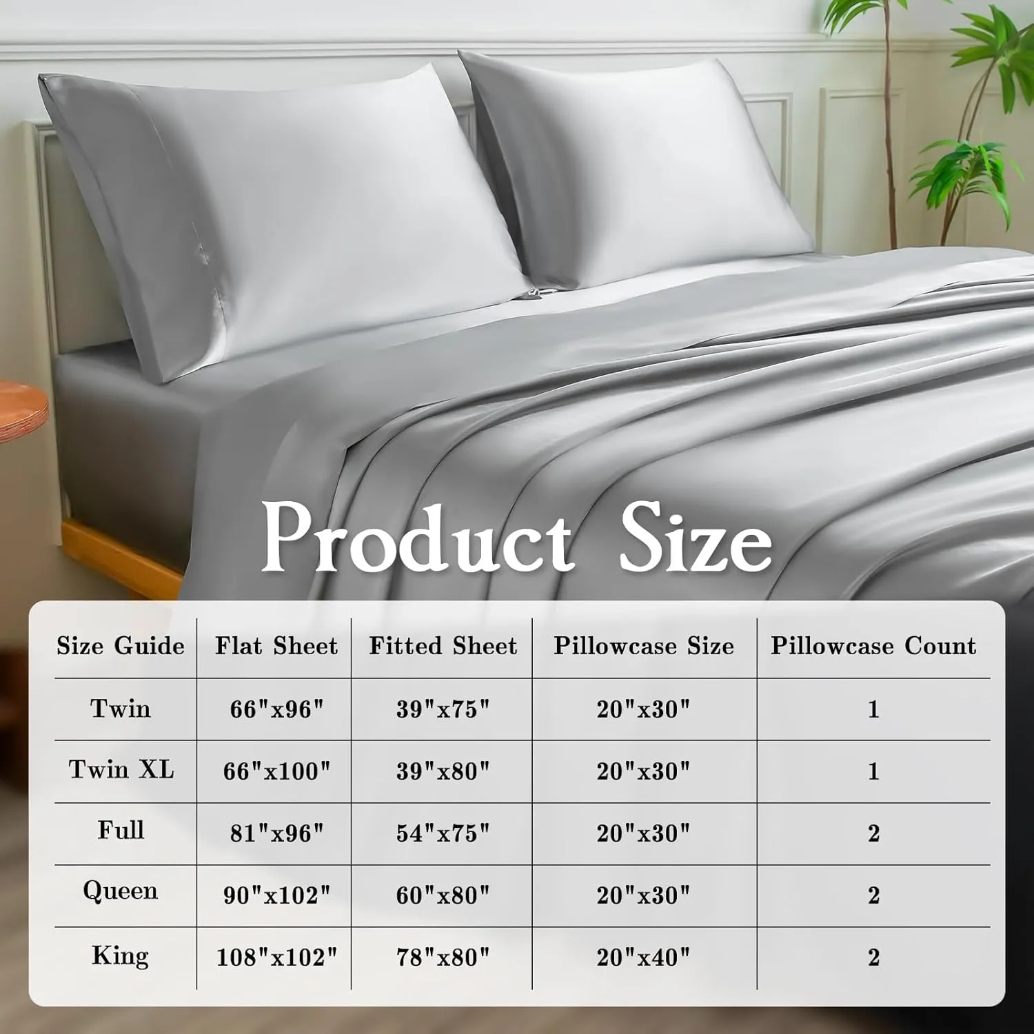 Satin Sheets Set,Soft Satin Bed Sheets King Size Set,4Pcs Luxury Silky Bedding Set with 15 Inches Deep Pocket for Mattress(King, Silver Grey)