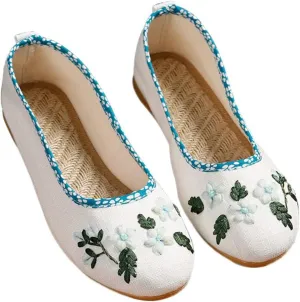 SATUKI Embroidered Shoes for Women, Chinese Style Handmade Casual Loafer Floral Slip-on Flat Shoes
