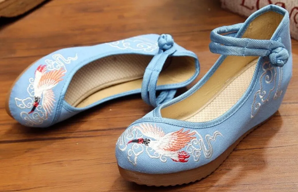 SATUKI Embroidered Shoes for Women, Chinese Style Knot Handmade Casual Loafer Floral Mid Heel Shoes
