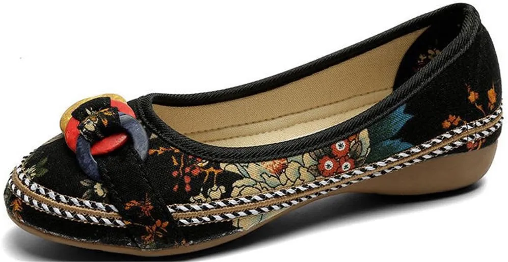 SATUKI Handmade Embroidered Shoes for Women, Casual Slip-On Loafer Flat Floral Canvas Shoes