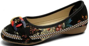 SATUKI Handmade Embroidered Shoes for Women, Casual Slip-On Loafer Flat Floral Canvas Shoes