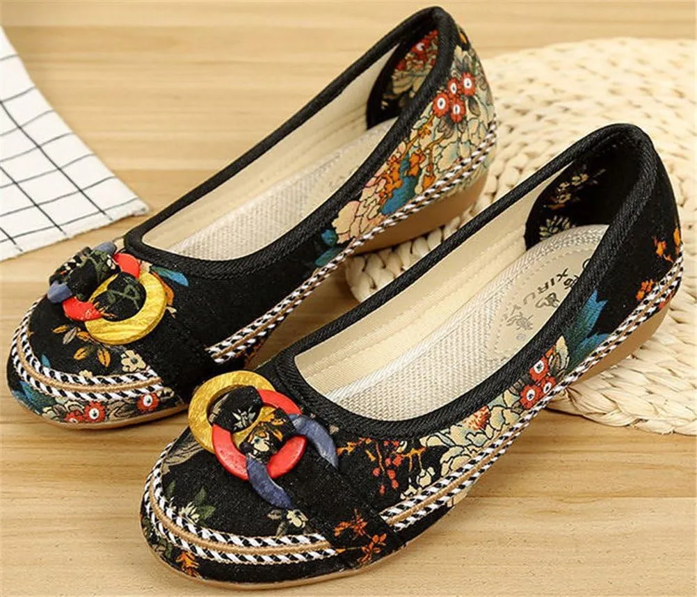 SATUKI Handmade Embroidered Shoes for Women, Casual Slip-On Loafer Flat Floral Canvas Shoes