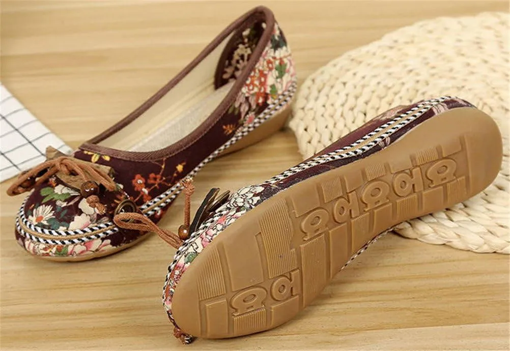 SATUKI Handmade Embroidered Shoes for Women, Slip-On Casual Loafer Flat Floral Canvas Shoes