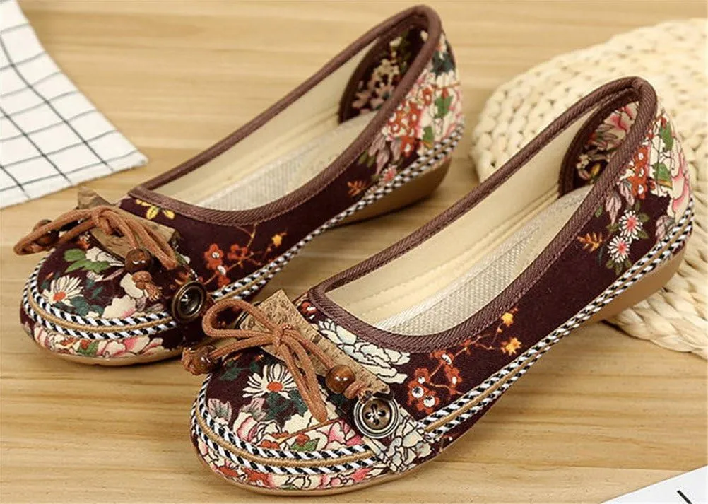 SATUKI Handmade Embroidered Shoes for Women, Slip-On Casual Loafer Flat Floral Canvas Shoes