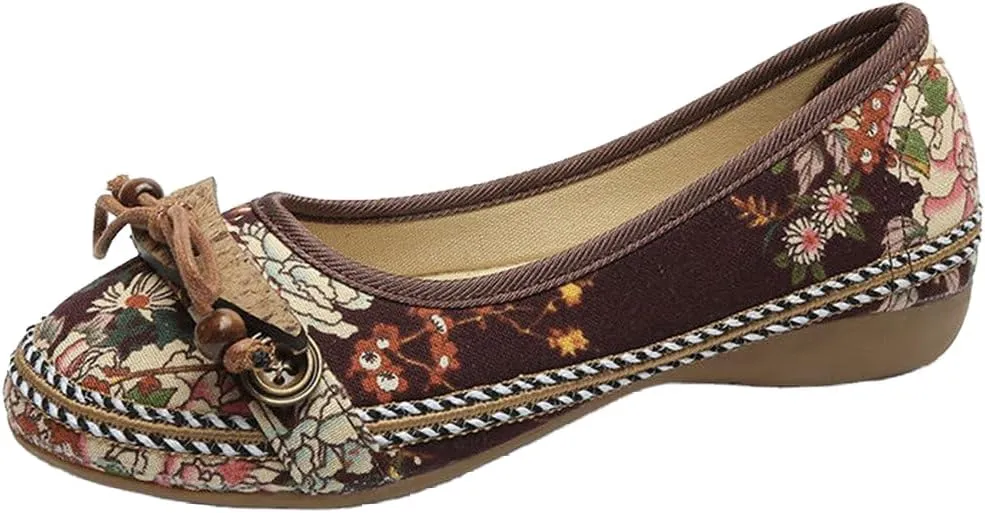 SATUKI Handmade Embroidered Shoes for Women, Slip-On Casual Loafer Flat Floral Canvas Shoes