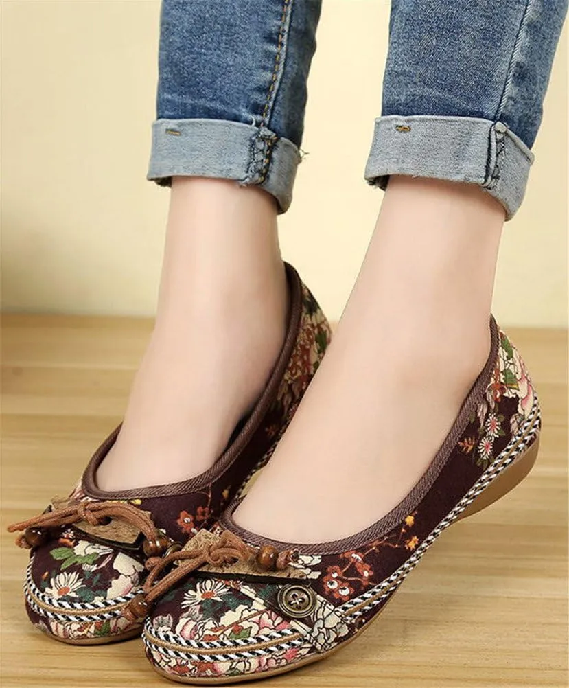 SATUKI Handmade Embroidered Shoes for Women, Slip-On Casual Loafer Flat Floral Canvas Shoes
