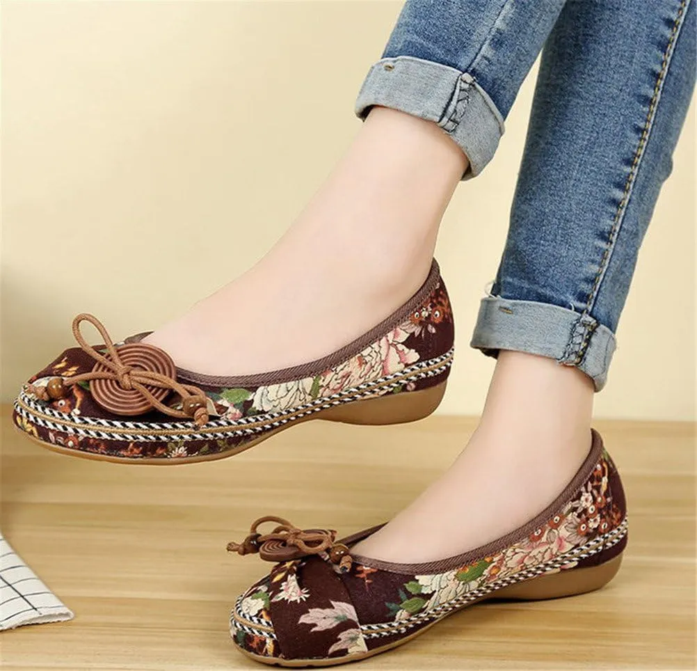 SATUKI Handmade Embroidered Shoes for Women, Slip-On Casual Loafer Flat Floral Canvas Shoes