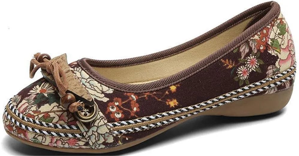 SATUKI Handmade Embroidered Shoes for Women, Slip-On Casual Loafer Flat Floral Canvas Shoes