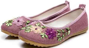 SATUKI Handmade Embroidered Shoes for Women, Slip-On Casual Loafer Flat Floral Slippers