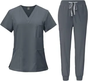 Scrubs for Women Set Stretch V-Neck Scrub Tops & Cargo Pant Quick Drying Solid Medical Nurse Uniform with Pockets