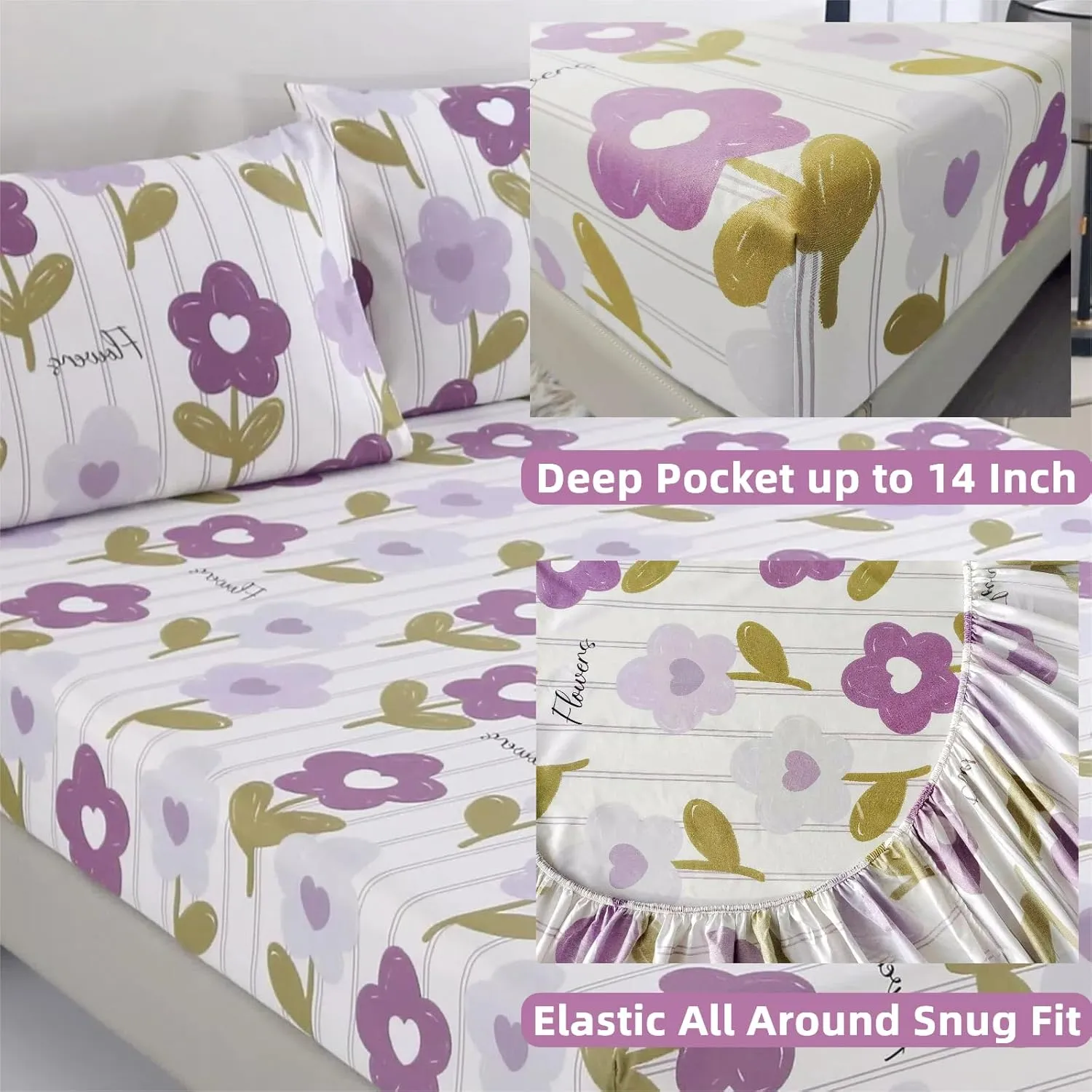 SDIII 4PCS Purple Floral Sheets Set Queen, Soft Microfiber Purple Floral Queen Sheets, Fade Resistant Flower Bed Sheet, Vintage Flower Sheet Bed Set